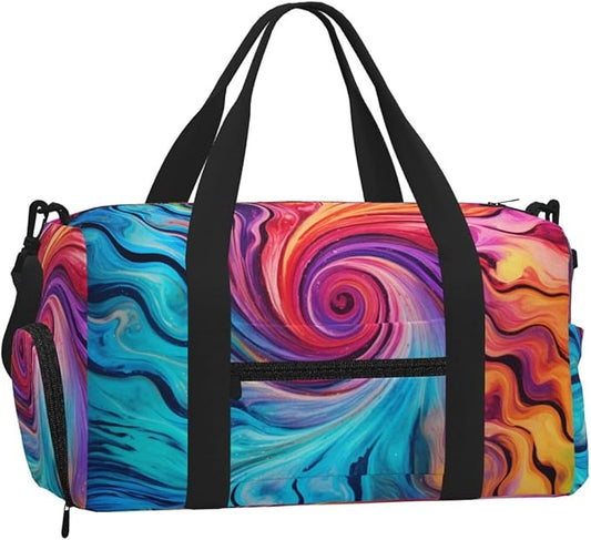 Sports Gym Bag Colorful Tie Dye Swirl Pattern Art Pinting Travel Duffel Bag With Shoe Compartment Shoulder Strap, Lightweight Water-Resistant Weekend Overnight Totes For Women Men