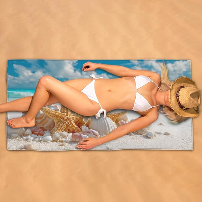Blue Sky Seaside Shells Beach Towel, Large Microfiber Quick Dry Lightweight Pool Bath Towels Sand Free Beach Blanket for Summer Cruise Yoga Camping Travel Vacation Essentials 31 x 61 in
