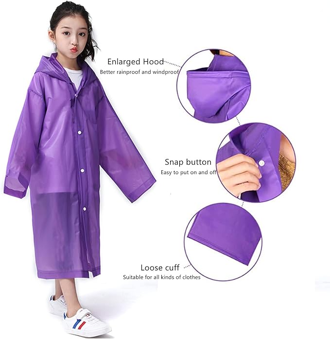 Kids Rain Poncho, Reusable EVA Children Raincoat for 6-13 Girls Boys, Waterproof Rain Jackets Rainwear with Hood