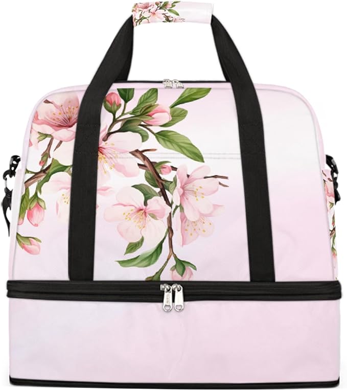 Pink Cherry Blossoms Large Weekender Bag with Shoe Compartment Travel Duffel Bags for Women Carry On Hospital Overnight Bag Foldable Personal Item Travel Bags Tote Gym Sports Airplanes