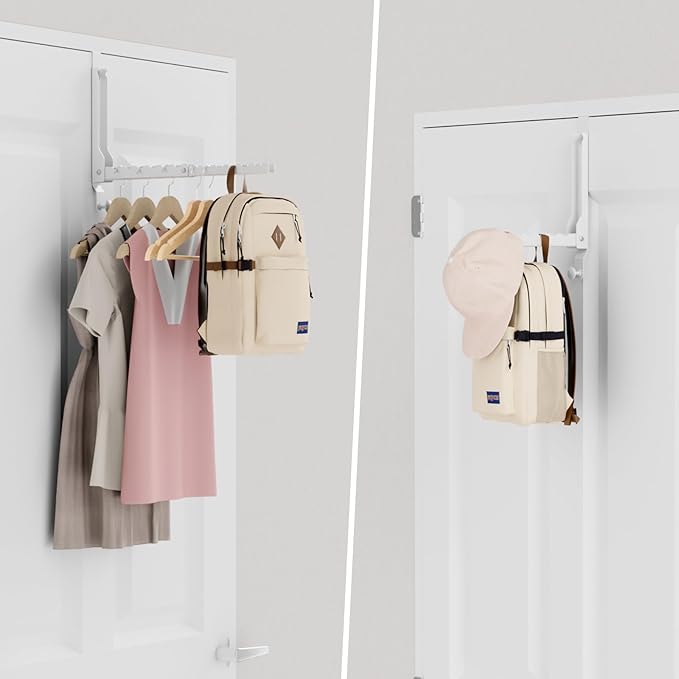 BAKON Over The Door Hangers, Over Door Hooks for Hanging, Small Space Dual Folding Portable Over Door Clothes Hanger for Clothes, Hats, Bags and Towels. (1, White(Update))