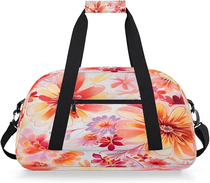 Travel Duffle Bag, Orange Pink Watercolor Blooms Waterproof Weekender Overnight Bags for Women Men Lightweight Carry on Duffle Gym Bag for Travel, Sports, Fitness, Workout