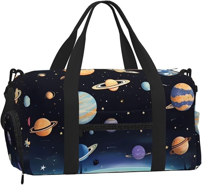 Saturn Jupiter Earth Print Gym Bag with Shoe Compartment for Women Men, 17.7in Sports Duffle Weekender Tote, Overnight Travel Duffel Bag Carry On