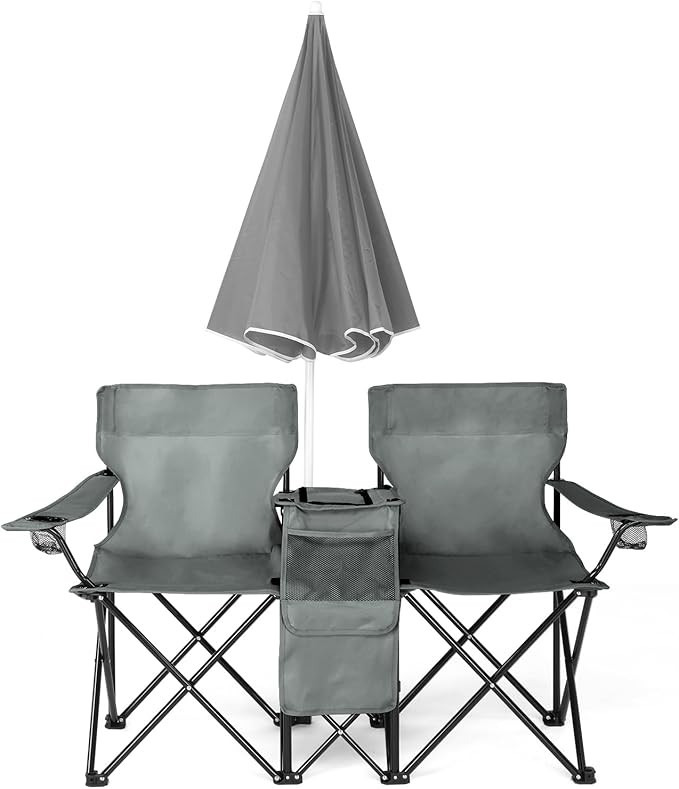 Double Folding Camping Chair W/Umbrella Fold Up Table Beverage Holder Carrying Bag Cooler for Patio Pool Park Outdoor Beach, Picnic, Portable (Grey)