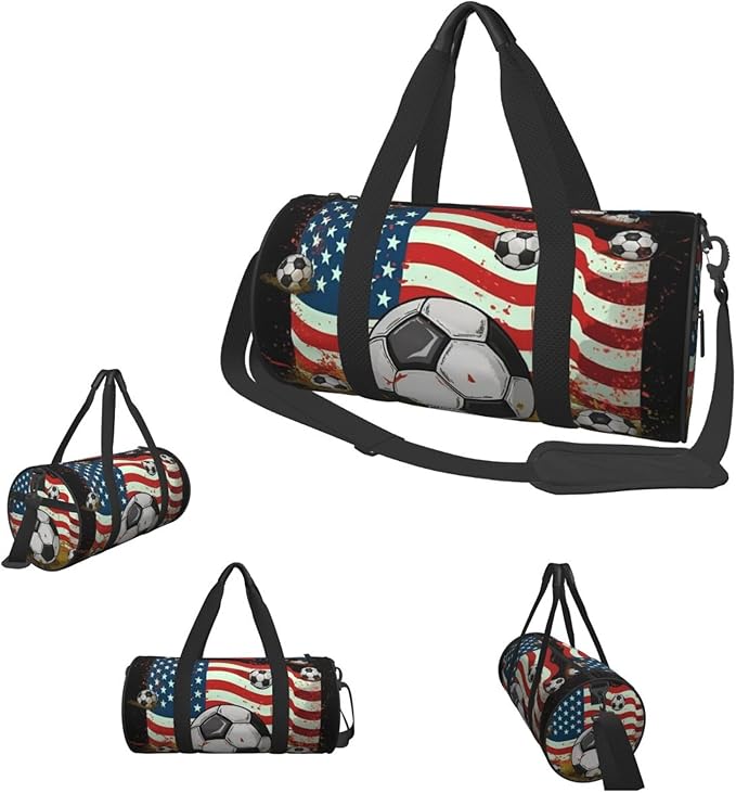 Travel Duffel Bag Lightweight Carry On Weekender Overnight Bags Soccer USA American Flag Sports Tote Gym Backpack with Adjustable Strap Hospital Bags Foldable Luggage Bag for Women Men