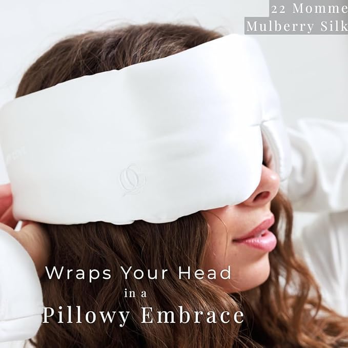 QUIET COVE Plush 3D Contoured Silk Sleep Mask - Total Blackout, 100% Silk 22 Momme, Foam Eye Cups Do Not Crush Eyelashes, Luxe Cloud Filling for Side Sleeping Comfort (Pearl White) Luxury Gift Box