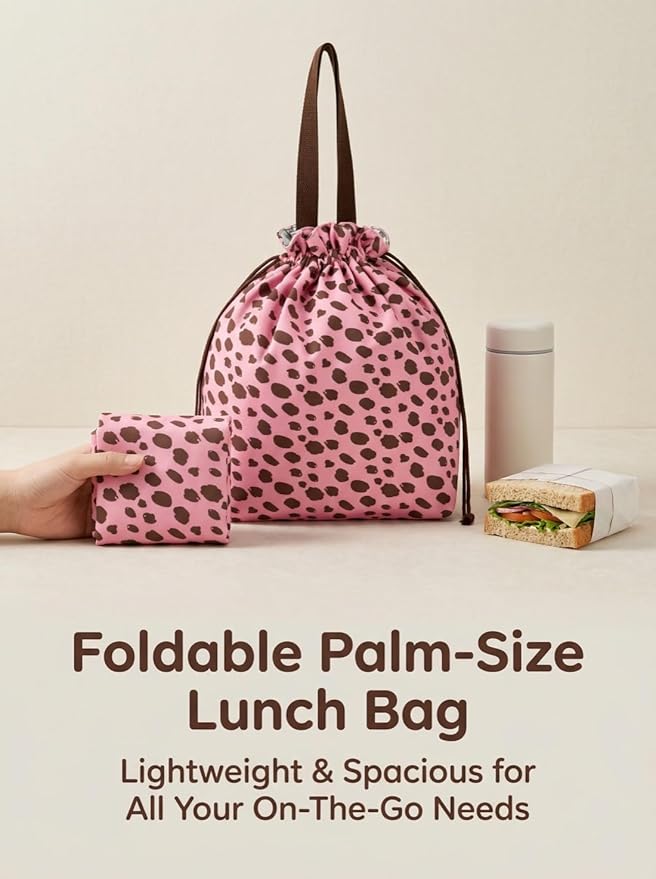 Reusable Small Lunch Bag,Drawstring Lunch Bag,Insulated Handbag Tote bag with Handle (Pink Leopard Print)