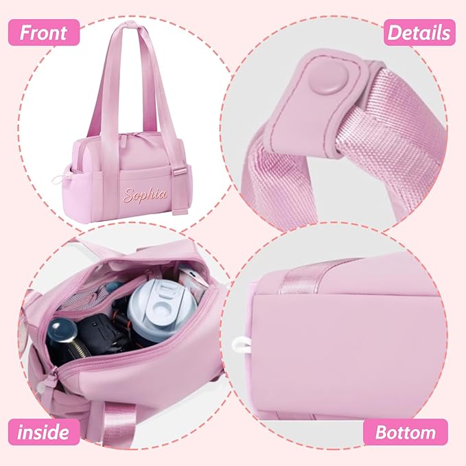 Personalized Mini Gym Bag for Women, Custom Embroidered Name Yoga Tote, Waterproof PU Fitness Duffle with Wet Compartment (pink duffle bag)