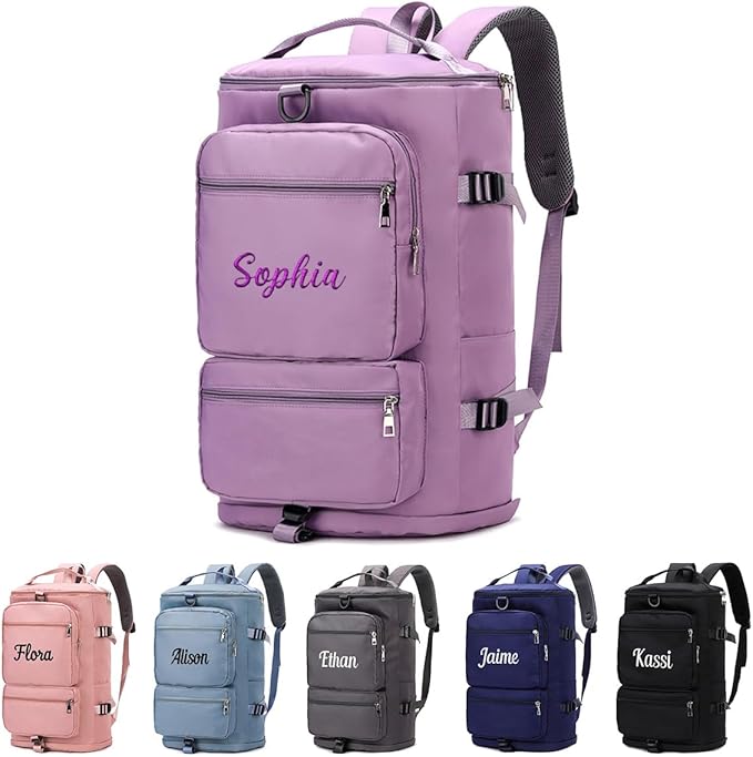 Personalized Sports Duffel Bag, 35L Custom Embroidered Gym Backpack for Men Women, Travel Weekender Bag with Shoe & Laptop Compartment, Carry On Overnight Workout Bag(Purple)