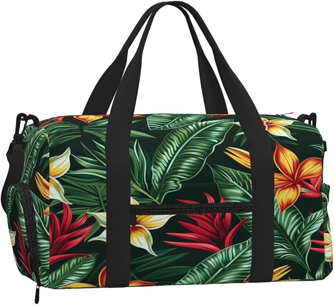 Sports Gym Bag Tropical Leaves Flowers Travel Duffel Bag With Shoe Compartment Shoulder Strap, Lightweight Water-Resistant Weekend Overnight Totes For Women Men