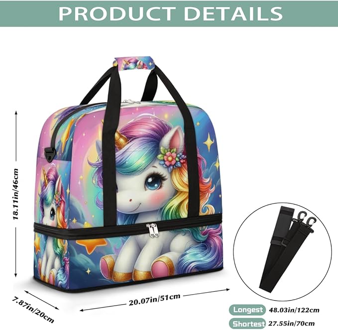 Rainbow Animal Unicorn Star Large Weekender Bag with Shoe Compartment Travel Duffel Bags for Women Carry On Hospital Overnight Bag Foldable Personal Item Travel Bags Tote Gym Sports Airplanes