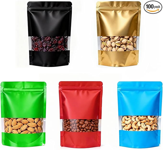 100pcs 5.9"x8.6" Mylar Bags with Matte Window for Food Storage,5 Colors Mixed Smell Proof Bag Resealable Food Storage Bags for Home Small Business, Stand-up Foil Pouch for Packaging Freeze Dried Candy