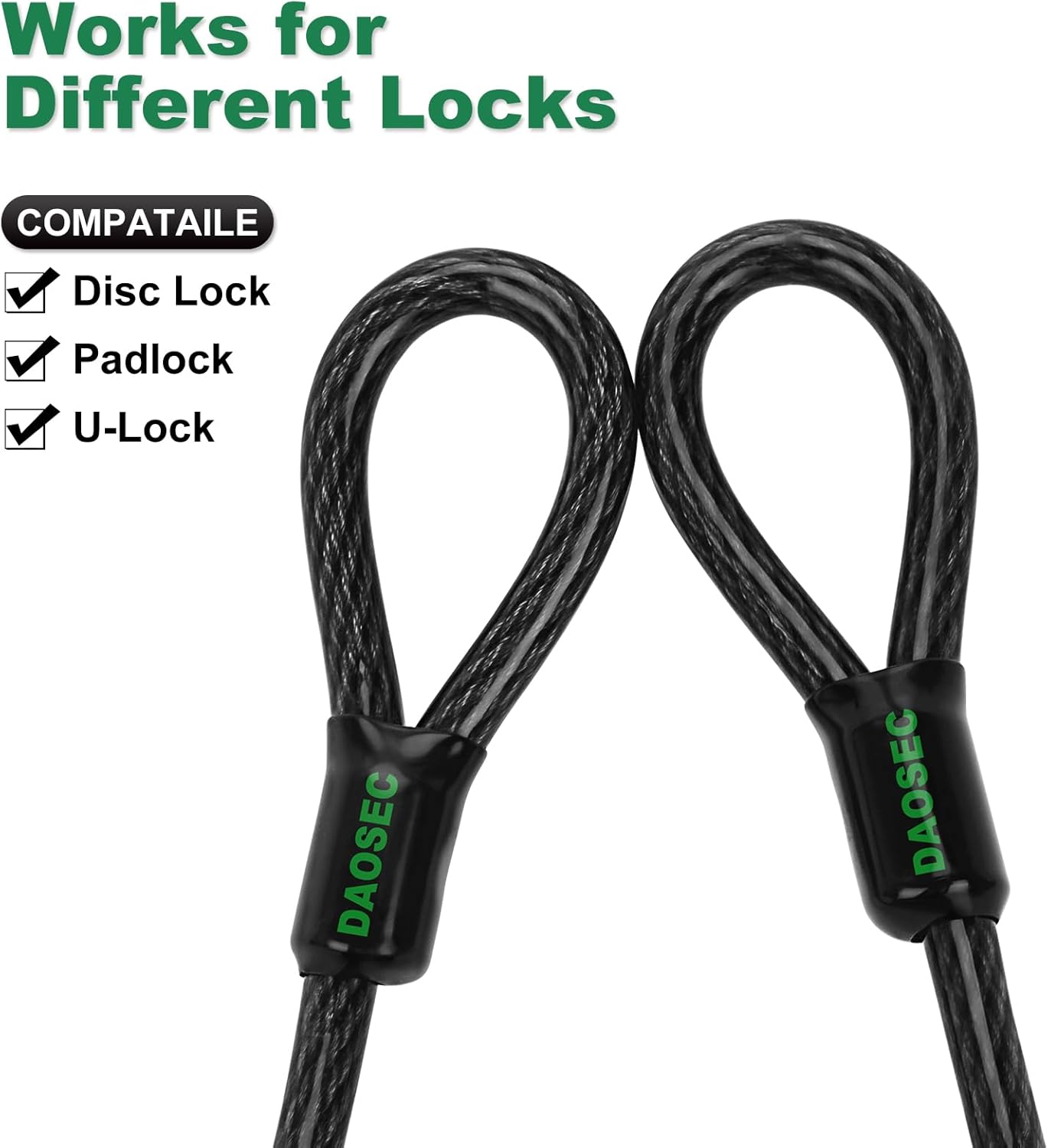 10 ft x 1/2" Heavy Duty Cut-Proof Security Cable | Flexible Vinyl-Coated Braided Steel with Looped Ends | Weatherproof Anti-Theft Locking Cable for Bikes, Gates, Kayaking & Outdoor Equipment