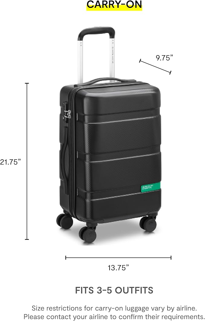 United Colors of Benetton Now! Hardside Luggage with Spinner Wheels, Black, Carry-On 19 Inch