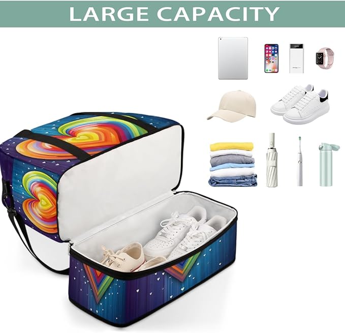 Rainbow Blue Abstract Heart Large Weekender Bag with Shoe Compartment Travel Duffel Bags for Women Carry On Hospital Overnight Bag Foldable Personal Item Travel Bags Tote Gym Sports Airplanes