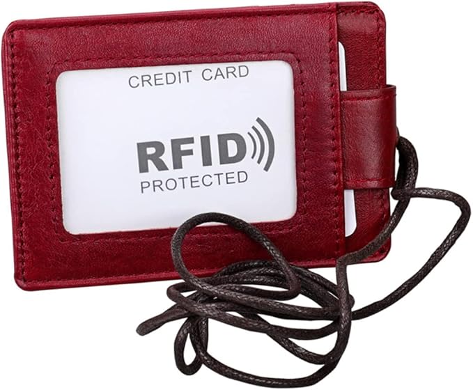 Leather RFID Boarding Pass Id Holder for Travel Lightweight Hanging Neck Style Document Organizer for Students Professionals Red