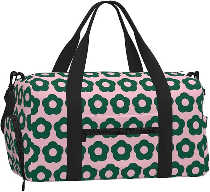 Cute Green Floral Pattern Retro Women'S Gym Duffle Bag With Shoes Compartment, Ideal For Travel, Gym, Sports, Duffel, Weekender