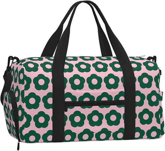 Cute Green Floral Pattern Retro Women'S Gym Duffle Bag With Shoes Compartment, Ideal For Travel, Gym, Sports, Duffel, Weekender