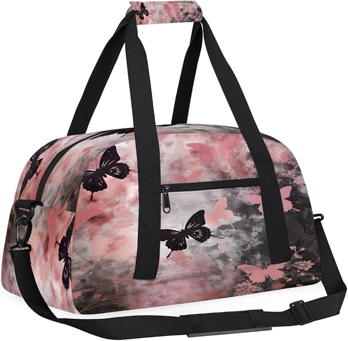 Duffle Bag for Women Men, Pink And Black Butterfly Gym Bag for Travel Sports, Lightweight Waterproof Weekender Overnight Bags with Adjustable Strap
