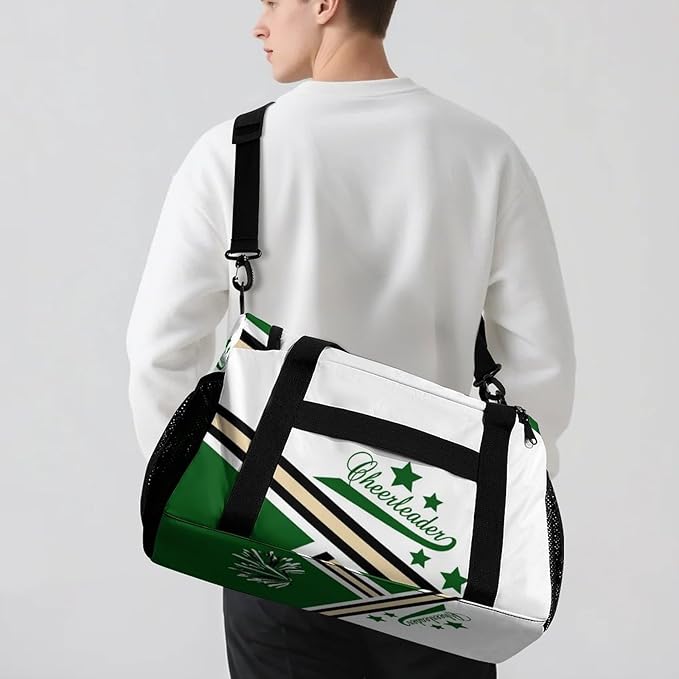 Duffle Bag, Personalized Name Green Cheer Cheerleaders Stripes Pom Travel Bag, Lightweight Gym Training Sports Bags Custom Unisex Gifts for Men Women