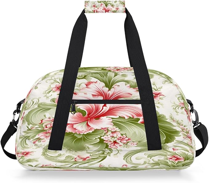 Duffle Bag for Women Men, Pink Green Floral Gym Bag for Travel Sports, Lightweight Waterproof Weekender Overnight Bags with Adjustable Strap