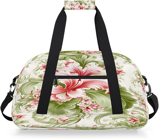 Duffle Bag for Women Men, Pink Green Floral Gym Bag for Travel Sports, Lightweight Waterproof Weekender Overnight Bags with Adjustable Strap