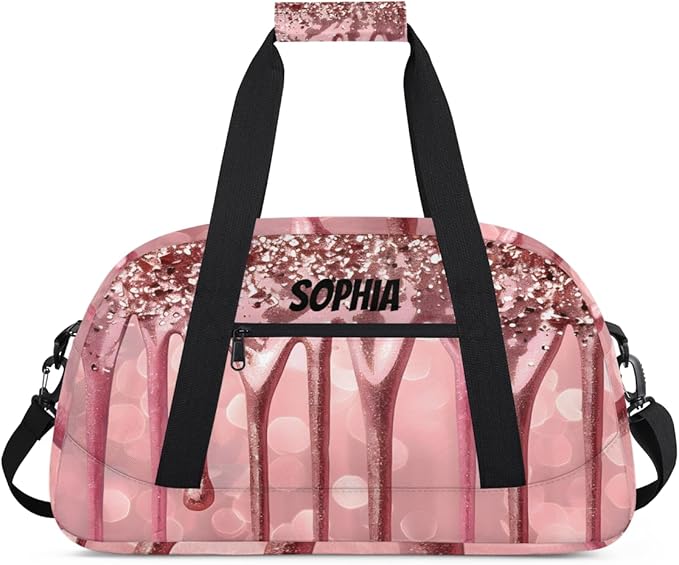 Custom Gym Bags for Girls with Name, Personalized Sports Dance Bag for Kids, Overnight Weekender Duffel Bags Workout Training, Travel Practice Gymnastics Bag，Pink Glitter Fluid