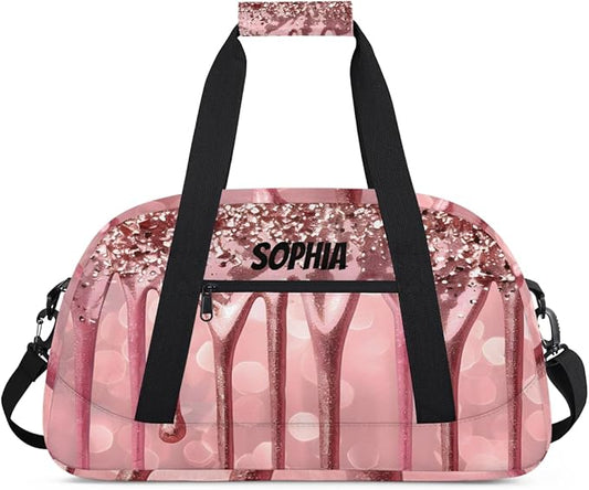 Custom Gym Bags for Girls with Name, Personalized Sports Dance Bag for Kids, Overnight Weekender Duffel Bags Workout Training, Travel Practice Gymnastics Bag，Pink Glitter Fluid