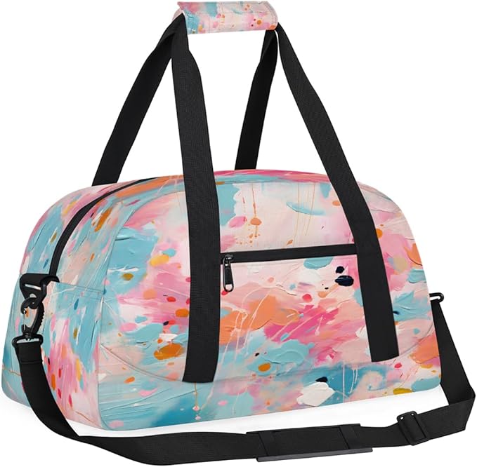 Travel Duffle Bag, Pink Orange Abstract Paint Splatter Waterproof Weekender Overnight Bags for Women Men Lightweight Carry on Duffle Gym Bag for Travel, Sports, Fitness, Workout