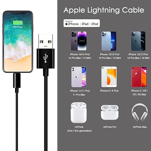 Car Carplay Apple Cable, USB A to Lightning Cable for iPhone 14, 14 pro max,13,Plus,SE 2nd/12/11/Xs/XR, iPad 4/5/ 6/7/ 8, Mini 2/3/4/5, Air 2/3 Charger Cord, Car Charging Cable (Black)