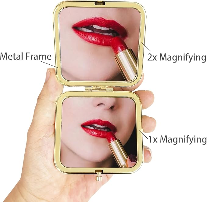 Small Compact Mirror, Gold Square 2.8”×2.8” Metal Frame Double Sided 1X/2X Mirror for Purse Can be Used as Gifts for Women Mothers Wife(Gd02)