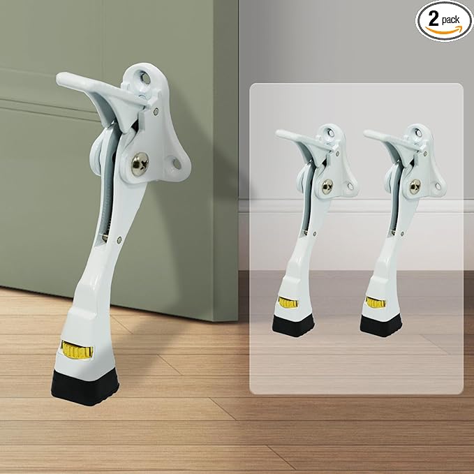 GoldPig Door Stoppers, 2 Packs Kickdown Door Stop with One-Touch semi-Automatic White Door Stopper Adjustable Height and Rubber Tip 4 Inches, Heavy Duty Door Stops, Door Holder (White)