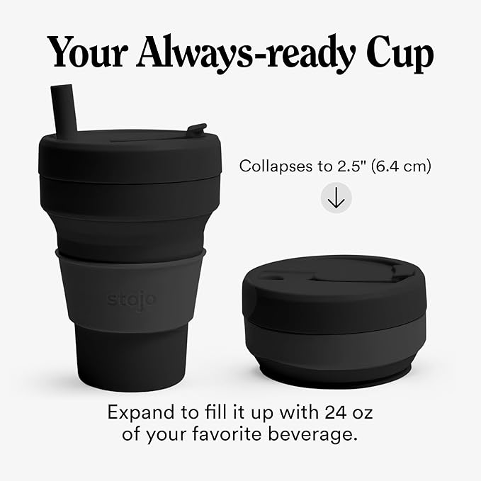 STOJO Collapsible Travel Cup - Reusable To-Go Pocket Size Silicone Bottle for Hot and Cold Drinks - Perfect for Camping - Microwave & Dishwasher Safe (Ink, 24, ounces)