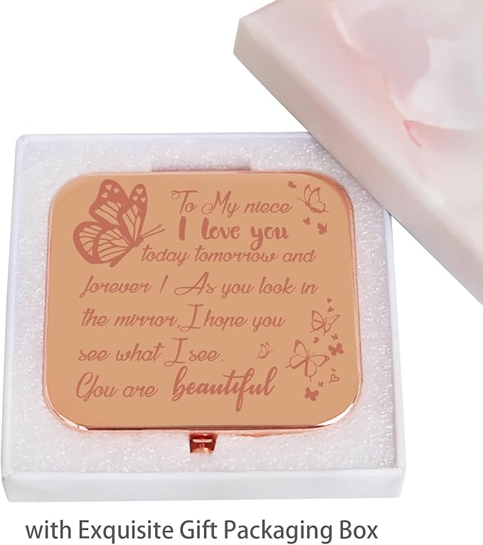 Small Compact Mirror, Rosegold Square 2.8”×2.8” Metal Frame Smooth Style Double Sided Mini Magnifying 1X/2X Mirror for Purse Can be Used as Gifts for Woman (RGNe03)