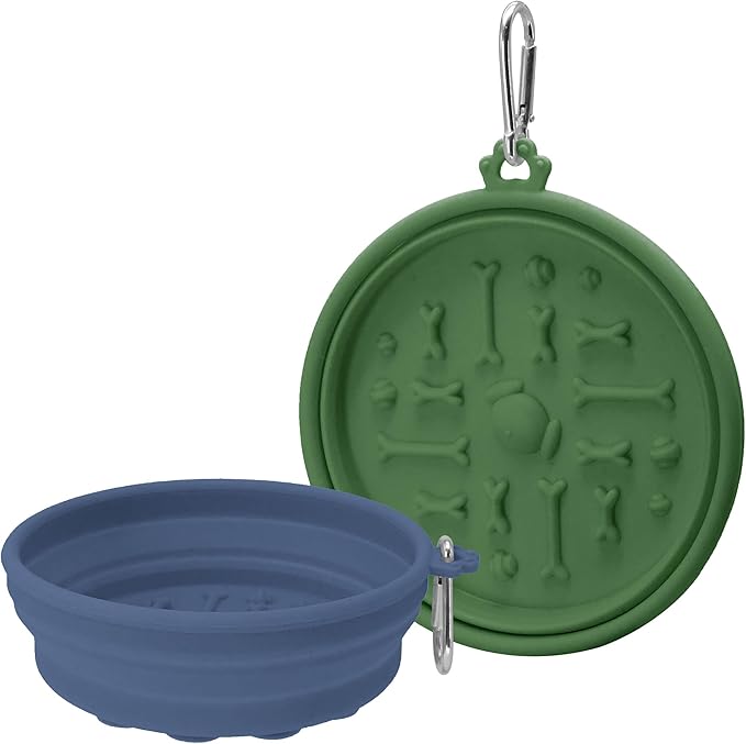2-Pack Collapsible Dog Bowls with Suction Cups & Scraper - 16oz Travel Pet Bowls for Food/Water, Non-Slip Feeding Dish for Dogs, Includes Carabiner Clip Grey&Olive Green