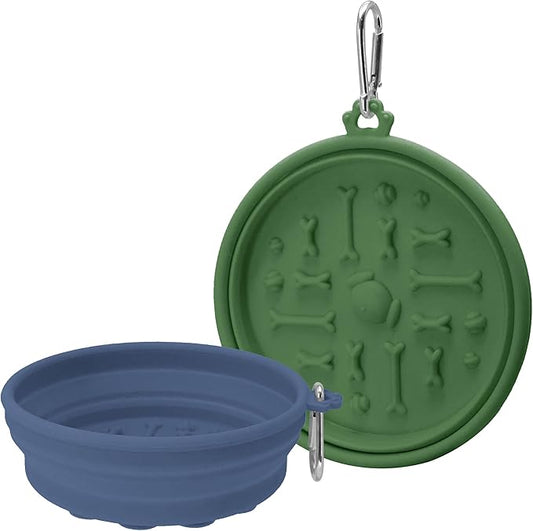 2-Pack Collapsible Dog Bowls with Suction Cups & Scraper - 16oz Travel Pet Bowls for Food/Water, Non-Slip Feeding Dish for Dogs, Includes Carabiner Clip Grey&Olive Green