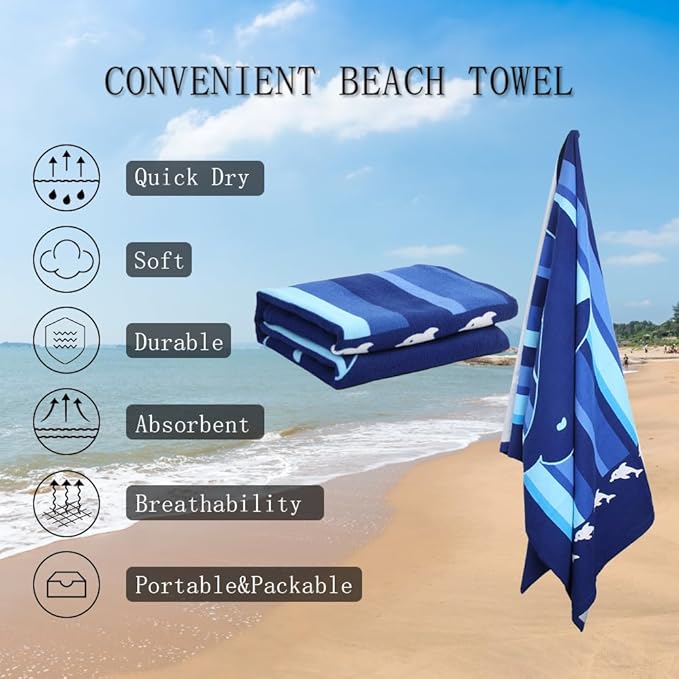 Beach Towel,30"x60" Microfiber Beach Towels for Travel, Absorbent Quick Dry Towel for Swimmers Pool Sand Proof Beach Towels for Women Men Girls Kids, Beach Accessories (Dolphin-2pc, 2pcs)