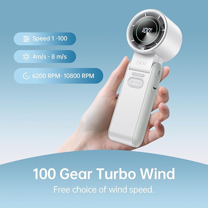 2 Pack White Portable Handheld Turbo Fan-100 Speeds, 13500 RPM, 12Hrs Cooling, Digital Display, 120° Rotation, USB Rechargeable Mini Hand Held Personal Fan for Travel Outdoor Indoor