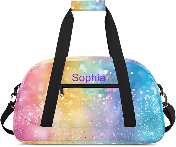 Custom Name Blue Pink Yellow Glitter Girl Gym Travel Duffle Bag with Front Zipper Pocket Personalized Sports Bag for Overnight, Weekender, Carry On,Workout & Dance, 18.9 * 8.7 * 10.6 in