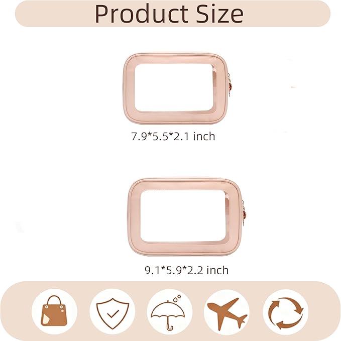 2PCS Diaper Bag Organizer Pouch Set，Clear Organizer Bags,TSA Approved Toiletry Bag,Clear Waterproof Cosmetic Bags with Zipper,Purse Organizer Pouches,Travel Organizer Bags for Woman and Kids,Pink M+L