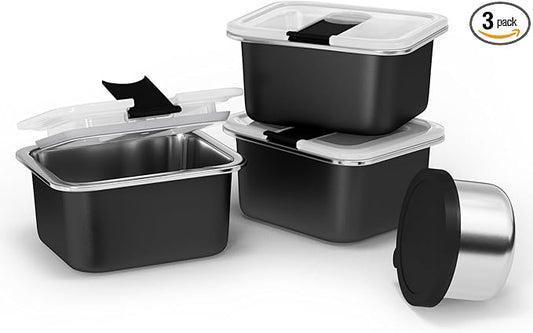 Stainless Steel Snack Box Containers for Kids, 3 Packs 12 oz Leak-Proof Microwave-safe Small Food Storage Container with Lid, Metal Compact Bento Lunch Box Container for School Travel