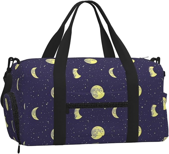 Sky with Moons Stars Print Gym Bag with Shoe Compartment for Women Men, 17.7in Sports Duffle Weekender Tote, Overnight Travel Duffel Bag Carry On