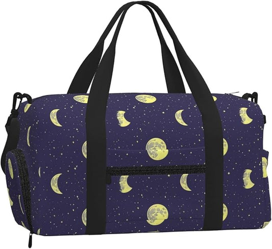 Sky with Moons Stars Print Gym Bag with Shoe Compartment for Women Men, 17.7in Sports Duffle Weekender Tote, Overnight Travel Duffel Bag Carry On