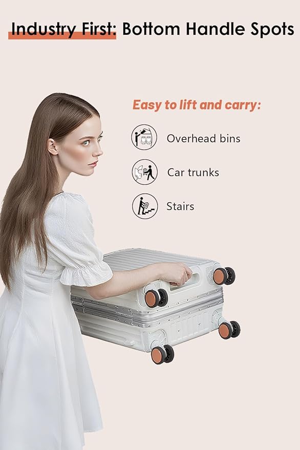 20 Inch Carry On Luggage with Leather Handle, PC Zipperless Suitcase with Spinner Wheels and TSA Locks, 22x14x9 Airline Approved Luggage for Travel, Silver