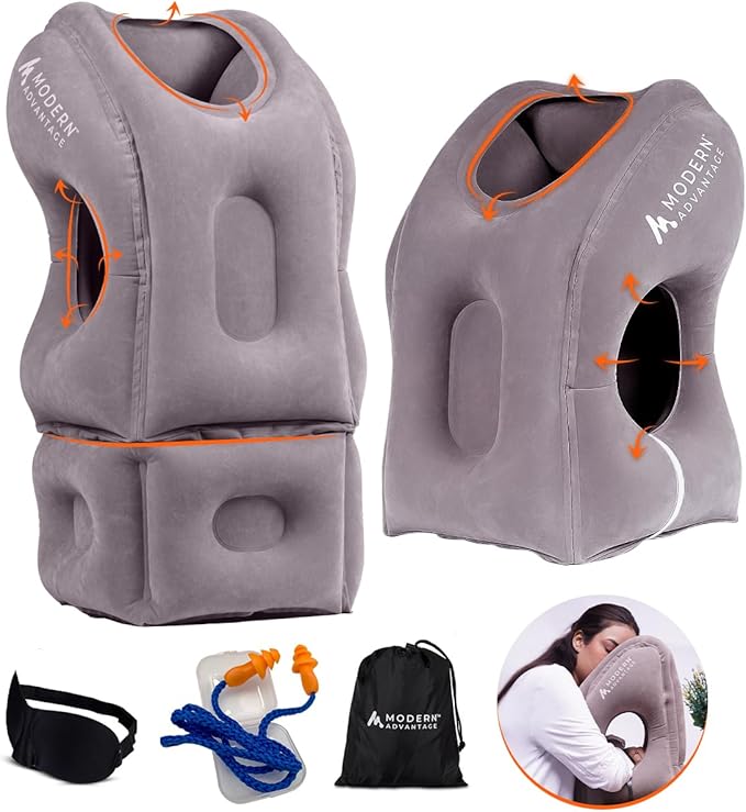 Modern Advantage Inflatable Travel Pillow with Adjustable Extra Bottom Support Neck Pillow for Chin & Head Stability Prevents Neck Pain Plane Pillow for Long Flight Travel Eye Mask & Earplugs - Grey