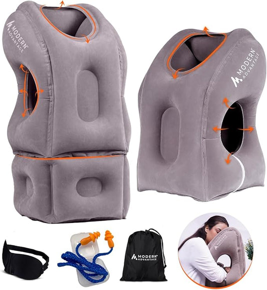 Modern Advantage Inflatable Travel Pillow with Adjustable Extra Bottom Support Neck Pillow for Chin & Head Stability Prevents Neck Pain Plane Pillow for Long Flight Travel Eye Mask & Earplugs - Grey