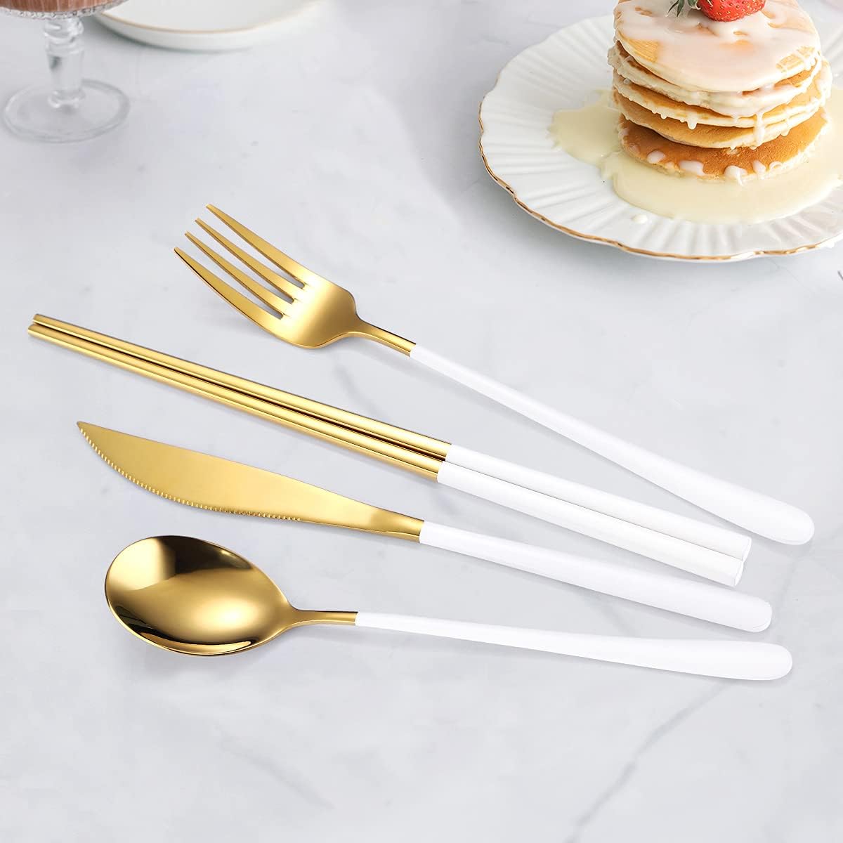 AARAINBOW 6 Pieces 18/8 Stainless Steel Flatware Set Portable Reusable Cutlery Set Travel Utensils Set Including Chopsticks Knife Fork Spoon Straws Cleaning Brush Dishwasher Safe (White golden)