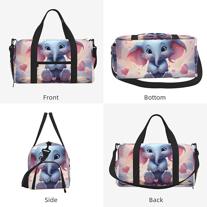 Sports Gym Bag Cartoon Elephant Travel Duffel Bag With Shoe Compartment Shoulder Strap, Lightweight Water-Resistant Weekend Overnight Totes For Women Men