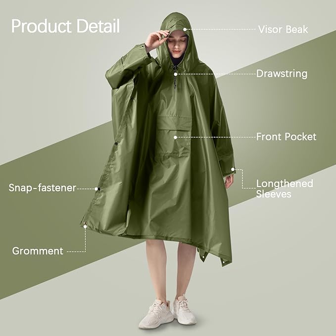NUUR Rain Poncho for Women Adults Unisex Hooded Zipper Raincoat Waterproof Reusable Hiking Rain Coat with Pockets