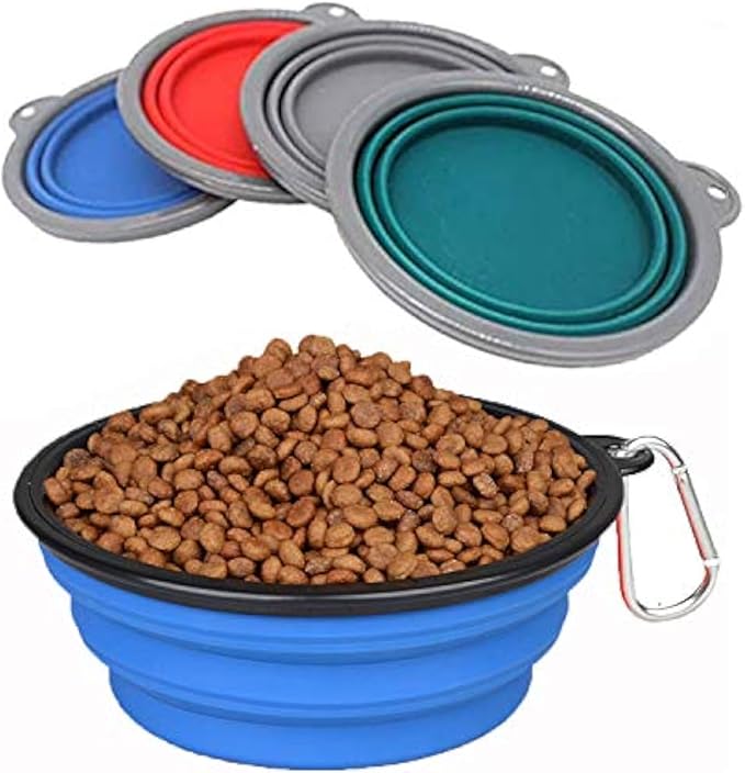 Collapsible Portable Silicone Big Dog Bowls,2 Pack,34 oz/Each Bowl,Silicone Basic Bowl with Plastic Rim and D-Ring,Foldable Travel pet Feeder,Portable Basic Bowl for Dog (Blue)